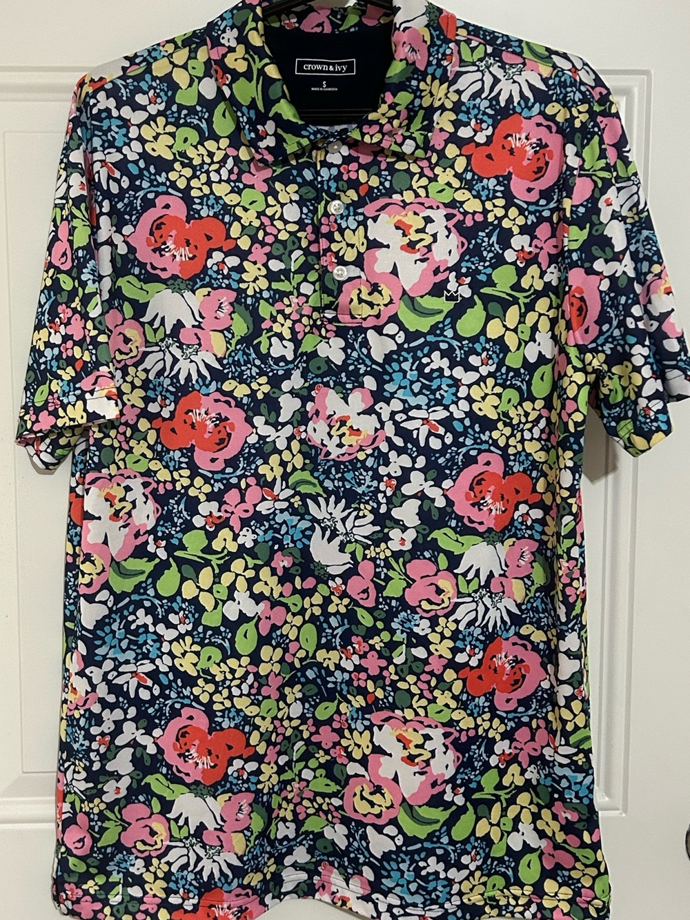 crown & ivy Navy Floral-Print Short-Sleeve Polo